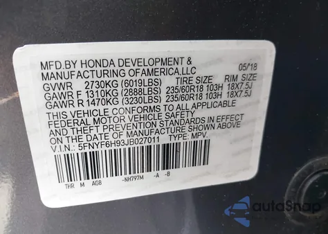 2018 Honda Pilot Touring z USA, uszkodzony, nr VIN 5FNYF5H98JB027001